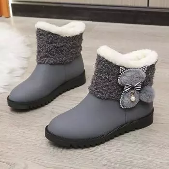 Snow boots women s 2024 new leather waterproof cotton shoes winter women s shoes velvet thickened bow short boots children 35 серый