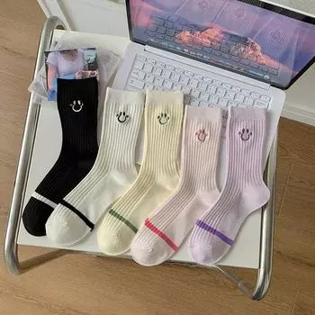 Socks For Women, Double-Needle Thin Cotton, Solid Color Embroidered Smiley Face, Medium Tube Socks For Children, Spring And Summer Women S Socks average size