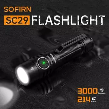 Sofirn SC29 XHP50B LED 3000Lm Type-C 21700 Перезаряжаемый фонарик Переносной мощный IPX8 для кемпинга 5700-6500K чёрный