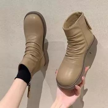 Soft and cute comfortable flat-bottomed pleated thin boots for women simple and versatile low-tube Martin boots for women in autumn and winter 2024 35 хаки