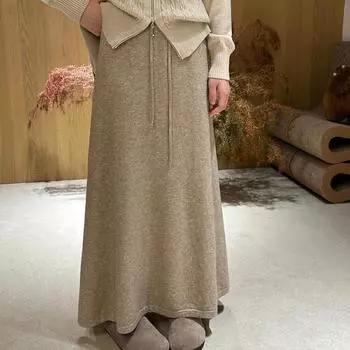 Soft and Glutinous Wool Knitted Skirt for Women New Elastic Waist Lace-up Versatile Mid-length Large Hem Skirt S