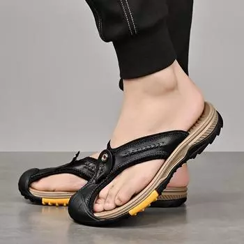 Soft Comfy Leather Slippers Beach Summer Flats Non-Slip Male Half Drag Leisure Walk Footwear Anti-collision Toe Men s Flip Flops 38 чёрный