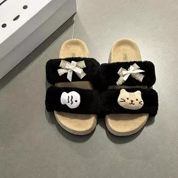 Soft cute suede one-word fluffy shoes for women to wear autumn and winter new fashion casual thick-soled cotton slippers 35
