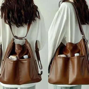 Soft Leather Bag Women s Large Capacity Commuter Tote Bag Multi-functional Backpack Diagonal Schoolbag коричневый