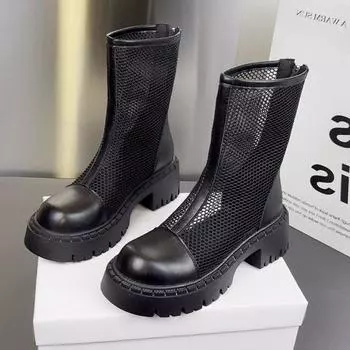 Soft leather short boots women s thick-soled Martin boots 2025 new spring and summer thin flat-bottomed mesh cool boots versatile breathable boots 35