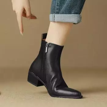 Soft leather simple pointed 2025 short boots women s apricot and fashion Martin boots thick heel velvet ankle boots 35 чёрный