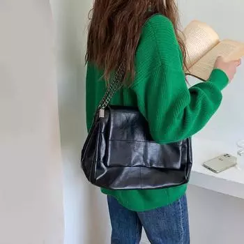 Soft Leather Thread Style Shoulder Bag Simple and Versatile Fashion Chain Tote Bag Woman s Black White Vintage Small Square Bag (30cm<Max Length<50cm)