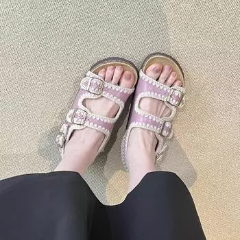 Soft leather version~ thick-soled belt buckle casual open-toed sandals, and retro one-pedal beach shoes. 35