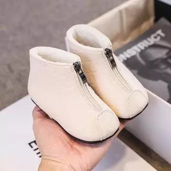 Soft Soled Children Plush Shoes Baby Warm Cotton Shoes for Girls Front Zipper Fashion Kids Cute Leather Boots Platform Japanese 15 чёрный