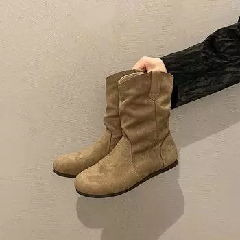 Soft-soled inner height-increasing short boots women s western boots spring slimming one-pedal round-head stacking boots retro Martin boots 35