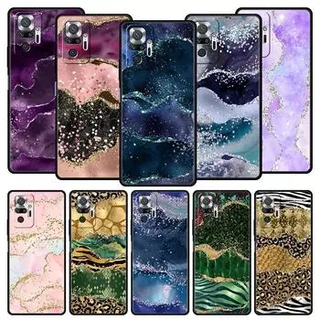 Soft TPU Phone Case For Xiaomi Redmi Note 10 11 9 8 Pro 9S 7 8T 9T 9A 8A 9C K50 K40 Gaming Cover Navy Blue Glitter Agate Marble Redmi Note 7