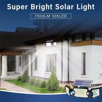 Solar Outdoor Light IP65 Waterproof 2 Motion Sensors Floodlight 7300LM 305 LED Adjustable Garden Yard Garage Security Spotlight