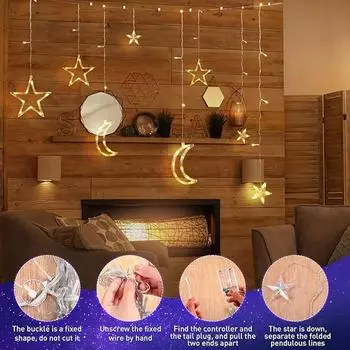 Solar Outdoor Moon&Stars String Lights Twinkle Solar Curtain Fairy Lights 8 Modes Timmer Remote for Patio Porch Backyard Tent