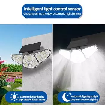 Solar Panel Light Waterproof Outdoor Solar Led Lights with Sensor 3 Heads Solar Charging Lights Lighting for Garden Garage Patio