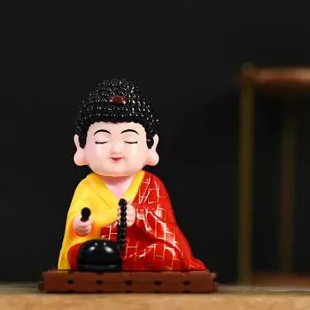 Solar-Powered Moving Head Buddha Monk Statue – Feng Shui Good Fortune Ornament for Car Dashboard, Home and Office