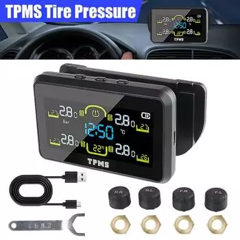 Solar TPMS T14-1 Автомобильный монитор давления в шинах Предупреждение о температуре Экономия топлива Интеллектуальная система контроля давления в шинах с 4 внешними датчиками Black