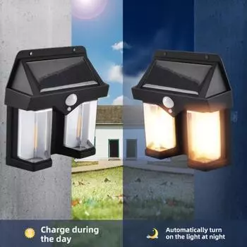 Solar tungsten wall light with motion sensor lights 2 bulbs 3 lighting modes solar powered night lamp for outdoor fence garage