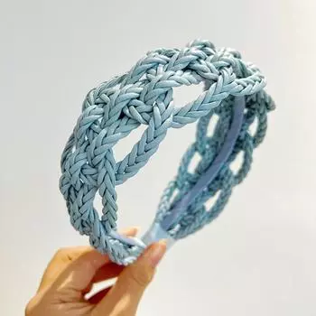 Solid Color Braid Headband Wide Side Weave Style Hair Hoop PU Leather Weave Hairband Women синий