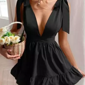 Solid Color Lace Shoulder Deep V-Neck Ruffle Hem Dress for Women Large