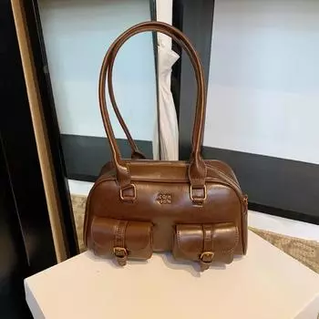 Solid Color Leather Shoulder Bag PU Leather Hobo Bag Casual Bowling Bag Children Brown No Pendant