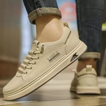 Solid Colors Casual Shoes for Man New Trends 2025 Spring Leather White Men Sneaker Male Outdoor Non-slip Designer Class Footwear 39 бежевый