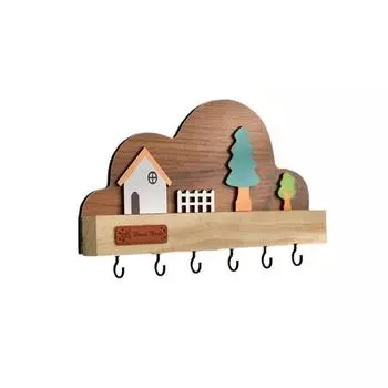Solid Wood Key Storage Holder Cloud House Forest Decorative Hook Home Decor