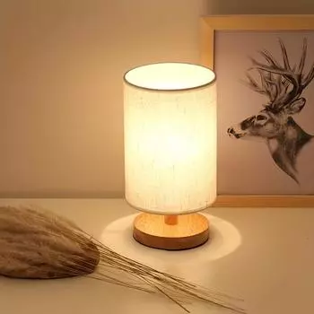 Solid Wood Simple Linen Fabric Table Lamp, Household Night Light, LED Bedroom Bedside Lamp, Creative Art, 1Pc