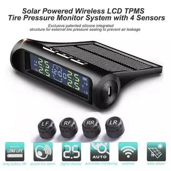 Солнечная энергия Умный автомобиль TPMS Система контроля давления в шинах Внешний детектор давления в автомобильных шинах Авто Системы охранной сигнализации ЖК-датчик давления в шинах чёрный