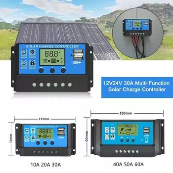 Солнечный контроллер 10A 20A 30A PWM зарядное устройство ЖК-дисплей Dual USB 5V выход 12V/24V 50A 60A Солнечный регулятор ЖК-дисплей
