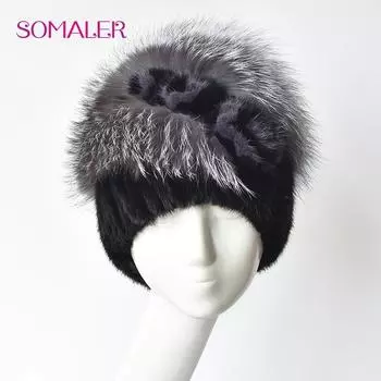 SOMALER зимние меховые шапки для женщин из натурального меха норки с помпоном из лисьего меха вязаные шапки модный цветок Россия резинки женский чепчик чёрный