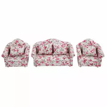 Son De ZosuMae Dollhouse Scale Dollhouse Accessories Flower Pattern Mini Furniture Sofa Set With Back Cushions [Trantean Mode] Sofa, 1/12 (# 2)