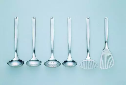 Sori Yanagi Kitchen tools designed with simplicity and ease of use Tsubame Sanjo Stainless steel butter beater, turner, skimmer, fork cradle, ladle L,