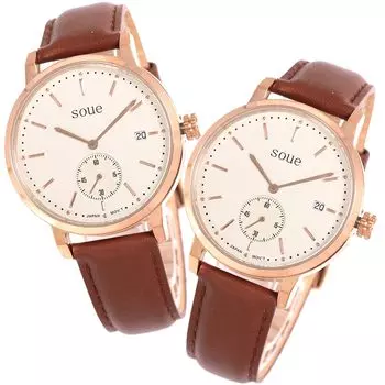 SOUE Pair Watch Classics Pair Watch Pair Couple 38mm Size Leather Belt Leather Band Brown Pink Gold Ivory Dial [SOUE] Womens Mens чёрный