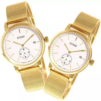 SOUE Pair Watch Classics Pair Watch Pair Couple 38 мм Размер Нержавеющая сталь Ремешок Сетчатый ремешок Циферблат цвета золотой слоновой кости [SOUE] Женские Мужские