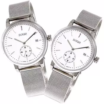 SOUE Pair Watch Classics Pair Watch Pair Couple 38 мм Размер Нержавеющая сталь Ремешок Сетчатый ремешок Серебряный циферблат [SOUE] Женские Мужские Кремово-белые чёрный