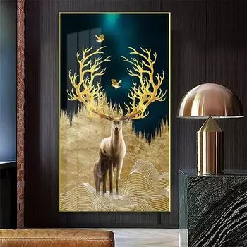 Современный золотой олень, дерево и птица, плакат, холст, картины, Золотая ночь, настенная художественная печать, фотографии для гостиной, домашний декор, безрамное 20x40cm No Framed