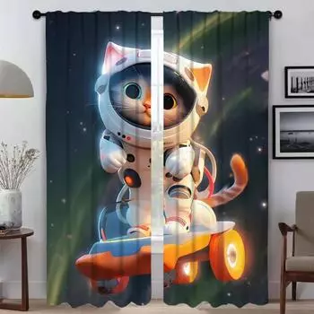 Space Cat Window Curtain for Room 2 Panel Home Interior Curtains Partition Tulle for Bedroom Shades Halloween Decoration Living W50xH70cmx2pcs-CL