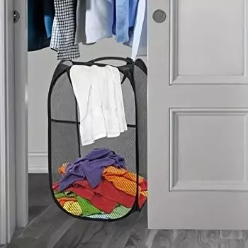 Space-Saving Fabric Laundry Hamper - Collapsible & Portable Mesh Design with Sturdy Carry Handles for Home Use чёрный