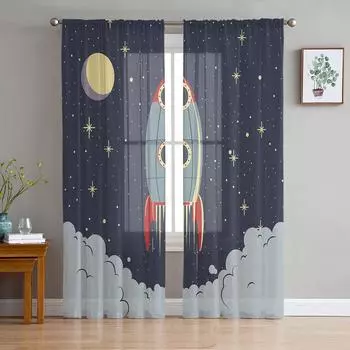 Space Spaceship Rocket Sheer Curtains for Living Room Decoration Window Curtains for Kitchen Tulle Voile Organza Curtains W135 x H115cm x1