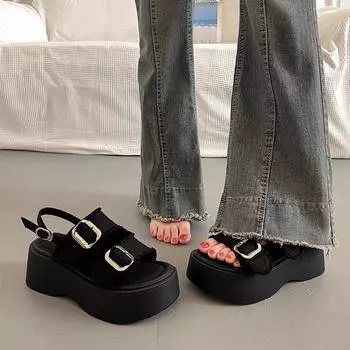 Special Yilkang platform sandals women s summer wear high-end new versatile wedge heel beach shoes 35 чёрный