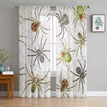 Spiders On Web Tulle Sheer Window Curtains For Living Room The Bedroom Modern Chiffon Voile Organza Curtains Decor Drapes 135W x 114H(cm)