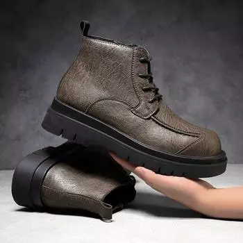 Split Leather Mens Ankle Boots Versatile High Top Man Shoes Non-Slip Sneakers Leisure Walk Male Outdoor Boots Motorcycle Botas 38 чёрный