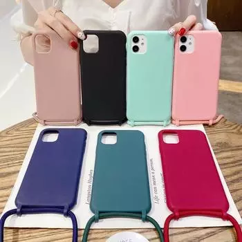 Однотонный чехол для телефона с шейным шнурком для iPhone 16 15 Pro MAX 14 13 12 11 Samsung S25 S24 A36 A16 A55 5G, мягкий силиконовый ремешок, чехол через плечо iPhone SE 2020 чёрный