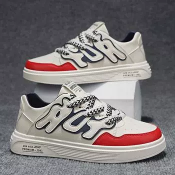 Sports Leather Surface Contrasting Color Breathable Flat Men S Shoes Low-Top Lace-Up Daily Leisure Work Board Shoes 39