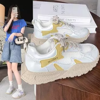 Sports style mesh color matching dad shoes women s new lace-up rubber sole running shoes college style casual shoes 35