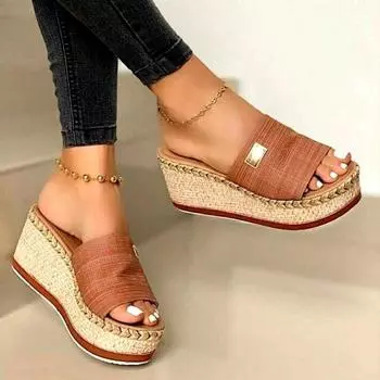 Spot 2025 summer female fish mouth cloth surface European and American foot fashion cool slippers heightening slope heel women s shoes factory 35 жёлтый