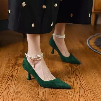 Spring 2025 new pointed French retro super beautiful temperament single shoes stiletto high heels pearl simple design 34 зелёный
