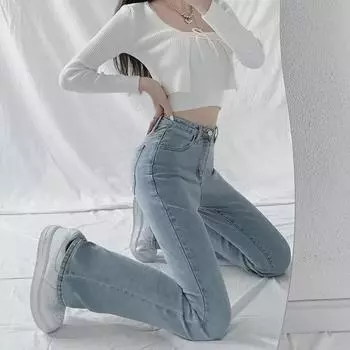 Spring 2025 Women s High-Waist Light Blue Flared Jeans - Slim Fit, Wide-Leg Horseshoe Style XL