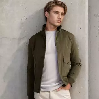 Spring and Autumn European and American Men s Coat Wool Jacket Ribbed Collar Bottom Pendulum Long Sleeve Stand-Up Collar Jacket S зелёный