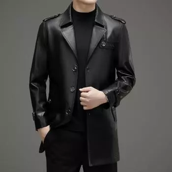 Spring and Autumn Genuine Leather Jacket Men s Medium-Length Coat Thin First-layer Cowhide Suit Leather Windbreaker Plus Velvet Thickening 170